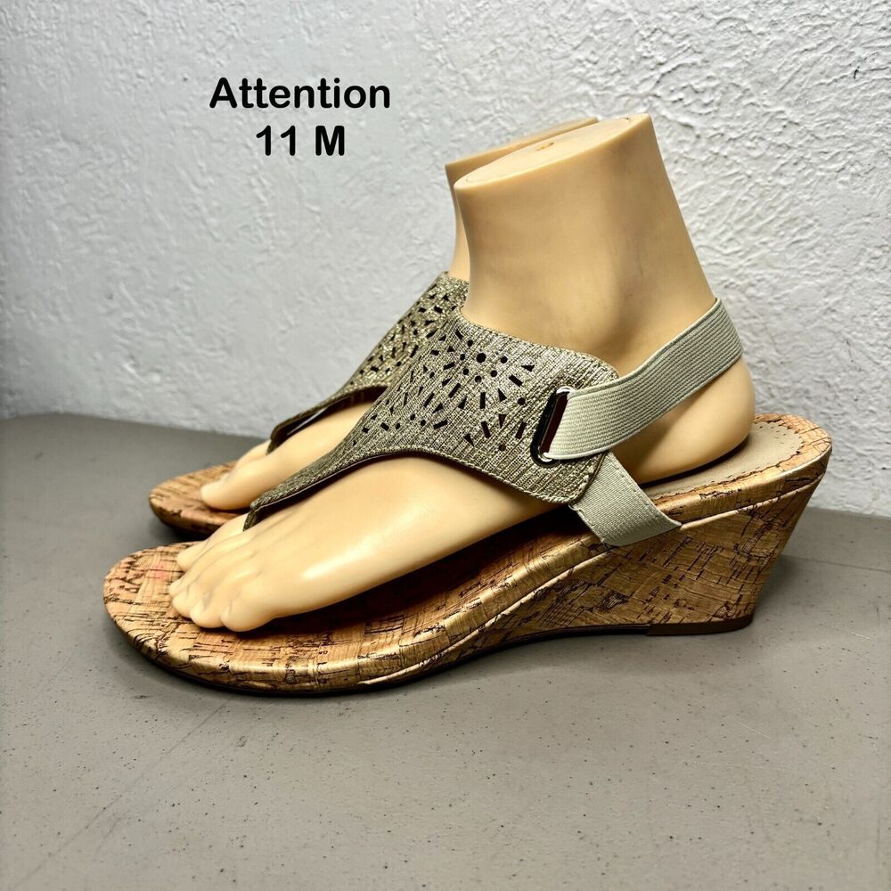 Attention Fabric Metallic Sand T-Strap Elastic Strap Wedge Womens Size 11 M‎